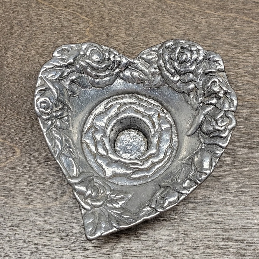 Arthur Court 1990s Heart Shaped Metal Candle Stick Holder Roses Floral Heavy